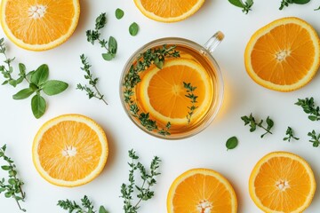 Refreshing herbal tea with orange slices and herbs arranged beautifully on a flat surface