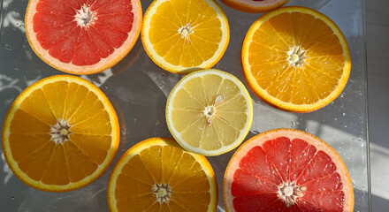 Slices Of Fresh Citrus Fruits In A Row In A Sunny Day