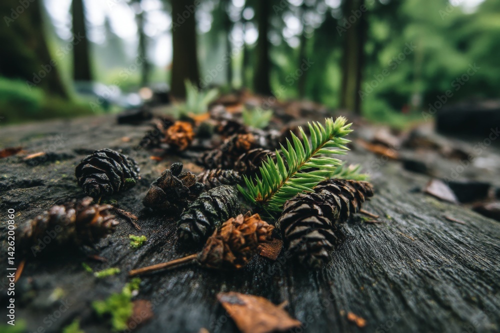 Aufkleber Pine cones scattered on a rustic log in a lush forest during an overcast afternoon