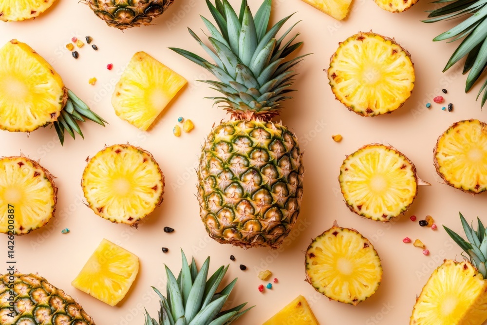 Poster Fresh pineapples laid out on a light background with slices and chunks arranged creatively