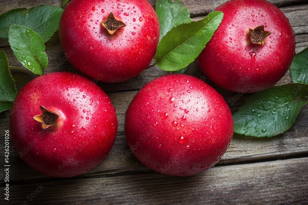 Poster fresh pomegranates with leaves resting on rustic wooden table after rain, showcasing vibrant red col