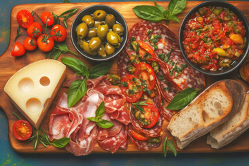 Fototapeta premium Wooden cutting board holding assorted fresh ingredients: tomatoes, basil, garlic, and olive oil; ideal for making a flavorful bruschetta dish.