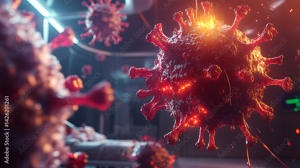 Poster exploring the impact of covid-19 virus laboratory setting digital visualization sci-fi environment c