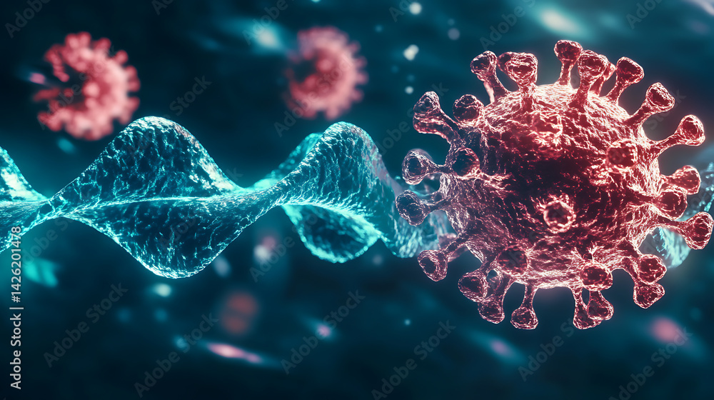 Poster virus spread simulation revealing genetic structure laboratory setting scientific visualization digi