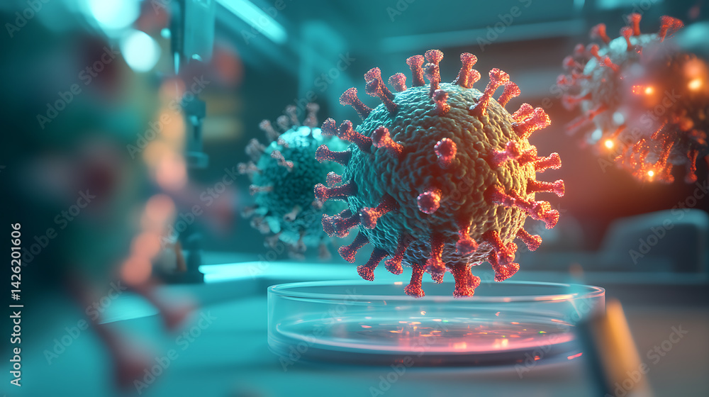 Poster studying virus behavior laboratory setting 3d visualization scientific environment microscopic view 