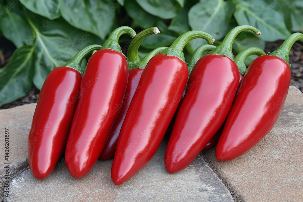 Poster bright red jalapeno peppers arranged neatly on a stone surface in a garden setting