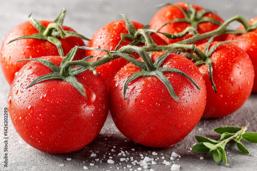 Poster fresh red tomatoes with water droplets arranged beautifully on a gray background for culinary use