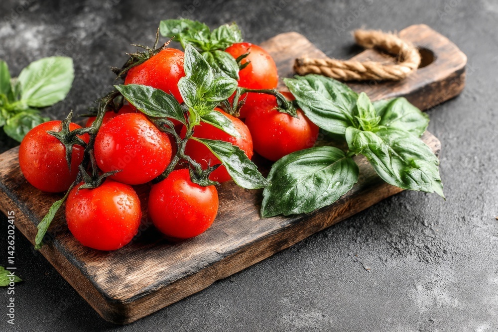 Aufkleber fresh tomatoes and basil on a wooden cutting board in a rustic kitchen setting