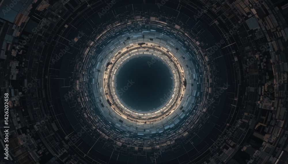 Poster dynamic energy flow futuristic tunnel digital art sci-fi environment top-down view conceptual visual