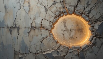 Dynamic circular crack in concrete wall urban environment abstract art creative concept close-up view modern design technique