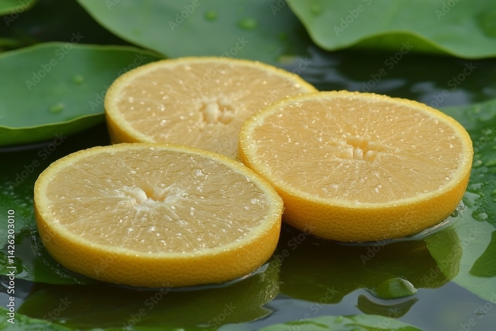 Poster fresh lemon slices resting on lush green leaves in a tranquil natural setting during daylight hours