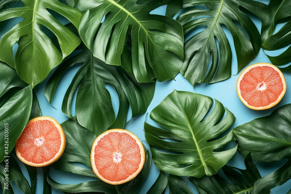 Poster bright citrus slices surrounded by lush green leaves on a vibrant blue background create a refreshin