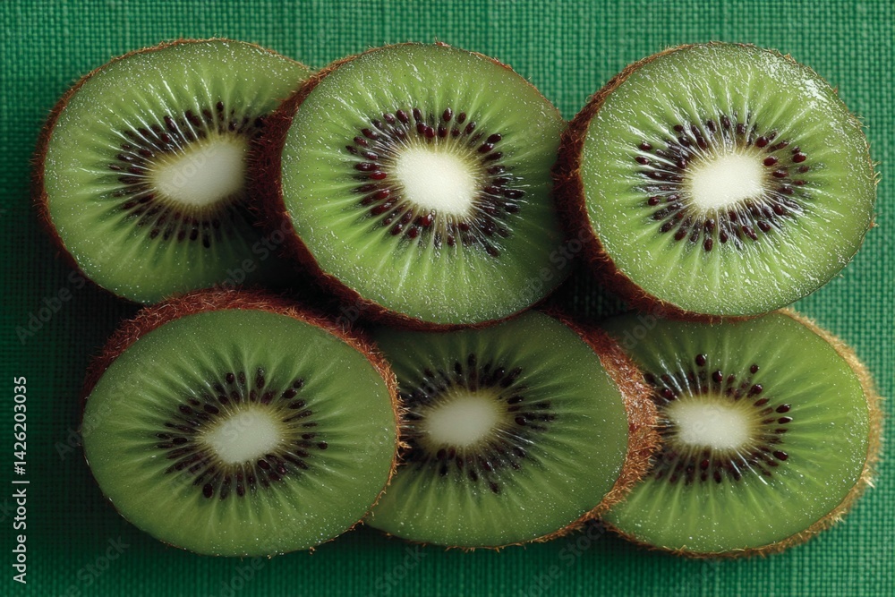 Poster Freshly cut kiwi slices arranged on a green surface creating an eye-catching pattern
