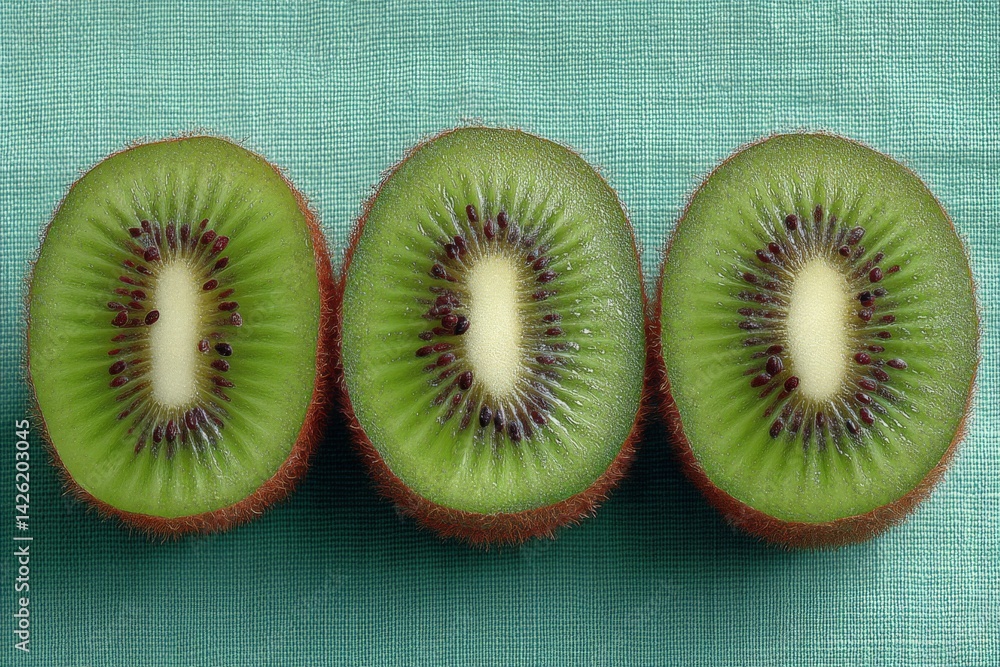 Aufkleber fresh kiwi fruit halves arranged on a teal colored fabric background highlighting their vibrant gree