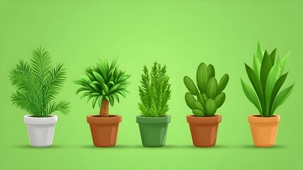 Five potted houseplants in various styles and colors against a green background