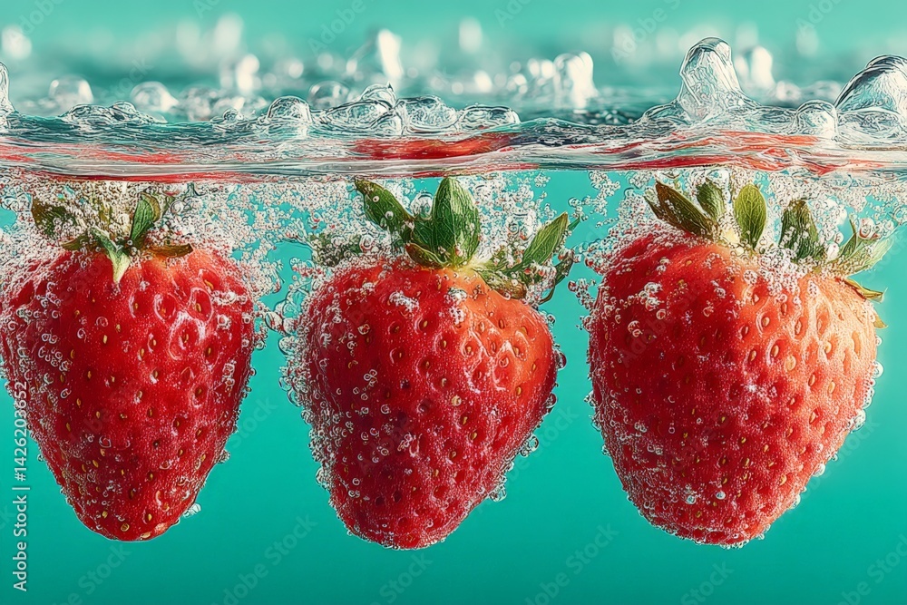 Aufkleber Ripe strawberries submerged in sparkling water create refreshing visual experience during bright summer day