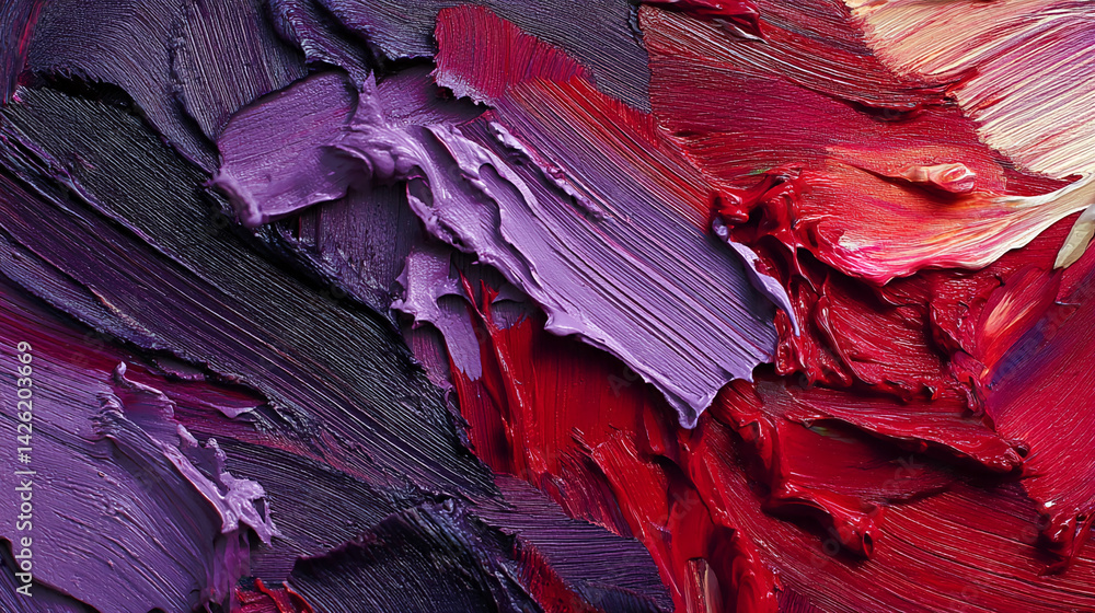 Poster close-up of red and purple oil paint texture, thick brushstrokes creating a dynamic and vibrant appe