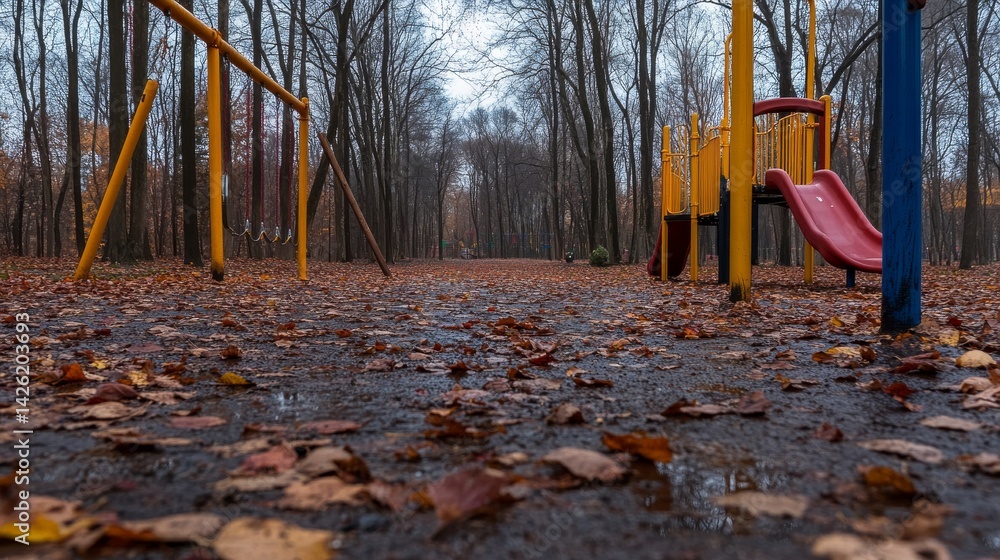 Poster brightly colored swings and slides shimmer in the post-rain sunlight. fallen leaves and puddles crea