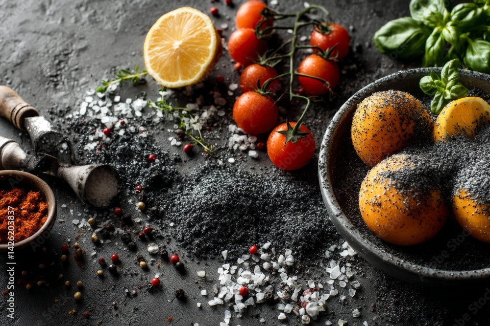 Poster fresh ingredients and spices on dark stone surface create a vibrant cooking atmosphere in a kitchen 