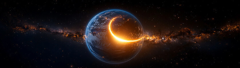 Obraz premium Celestial event solar eclipse over earth digital art space environment cosmic viewpoint sci-fi concept