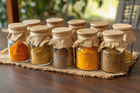 Various spices in glass jars on wooden table in kitchen, closeup