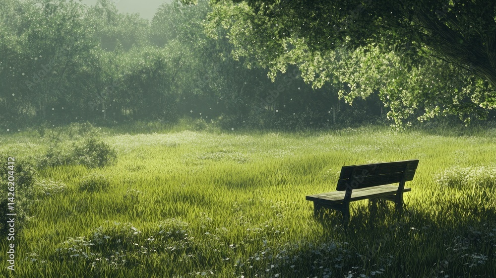 Poster a serene field of grass with a lone bench, offering a peaceful place for reflection and solitude in 