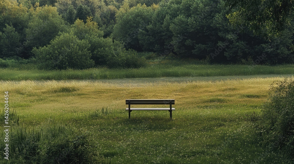 Poster a serene field of grass with a lone bench, offering a peaceful place for reflection and solitude in 