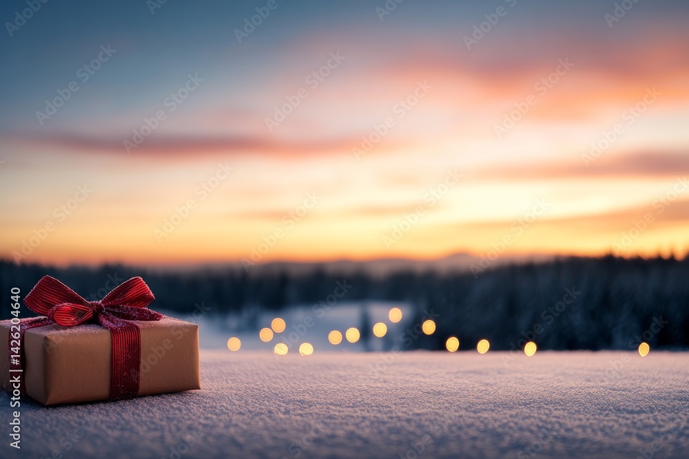Poster A neatly wrapped Christmas gift sits on a snow-covered surface, surrounded by glowing string lights and pine trees, creating a festive atmosphere at twilight