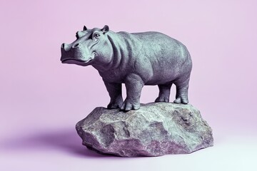 Obraz premium Gray hippo sculpture atop a textured rock against a pastel background.