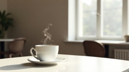 A steaming cup of coffee on a saucer rests on a bright table near a window, bathed in sunlight, with blurred chairs in the background, suggesting a calm and peaceful atmosphere.