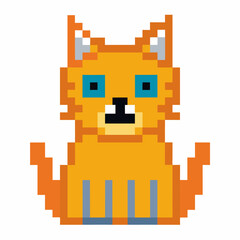 Retro Pixel Art Orange Cat Illustration with Blue Eyes and Gray Stripes