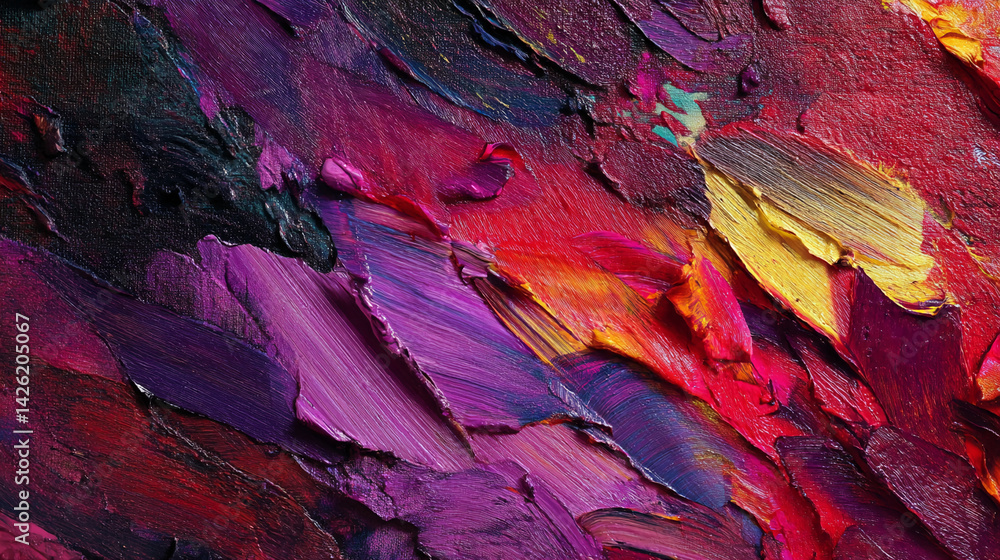 Poster thick textured strokes of red, purple, and yellow paint create a vibrant abstract image, showcasing 