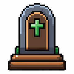 Obraz premium Pixel Art Gravestone with Cross Retro Gaming Icon for Halloween and Spooky Themes