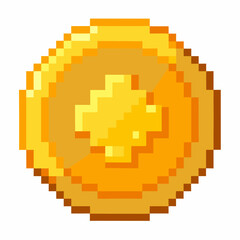 Obraz premium Pixelated Gold Coin Icon with Plus Sign Retro Video Game Currency Symbol