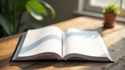 Fototapeta premium Open Book on Wooden Table Illuminated by Sunlight, Casting Shadows from Greenery