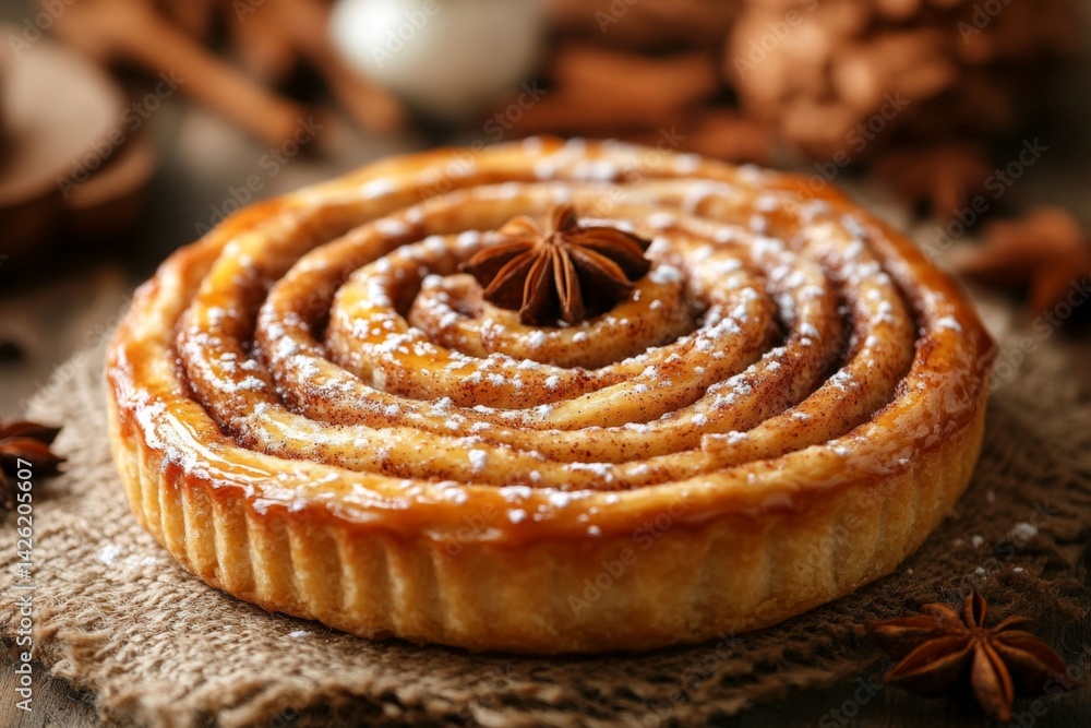 Poster delicious cinnamon swirl pastry topped with a star anise on a rustic table setting evoking a cozy at