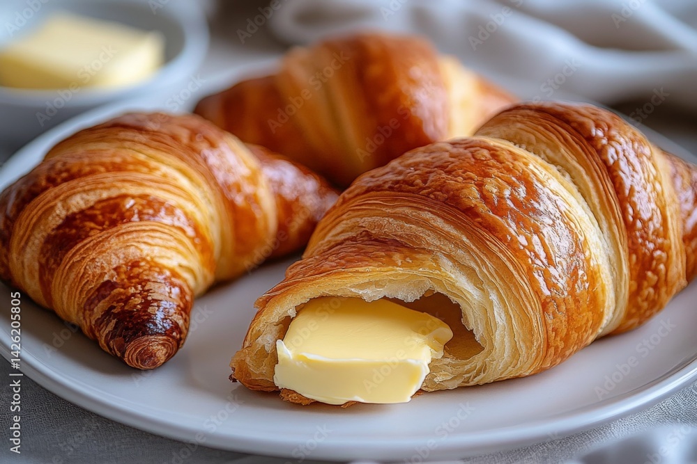 Poster warm croissants with butter served on a plate in a cozy setting during breakfast time