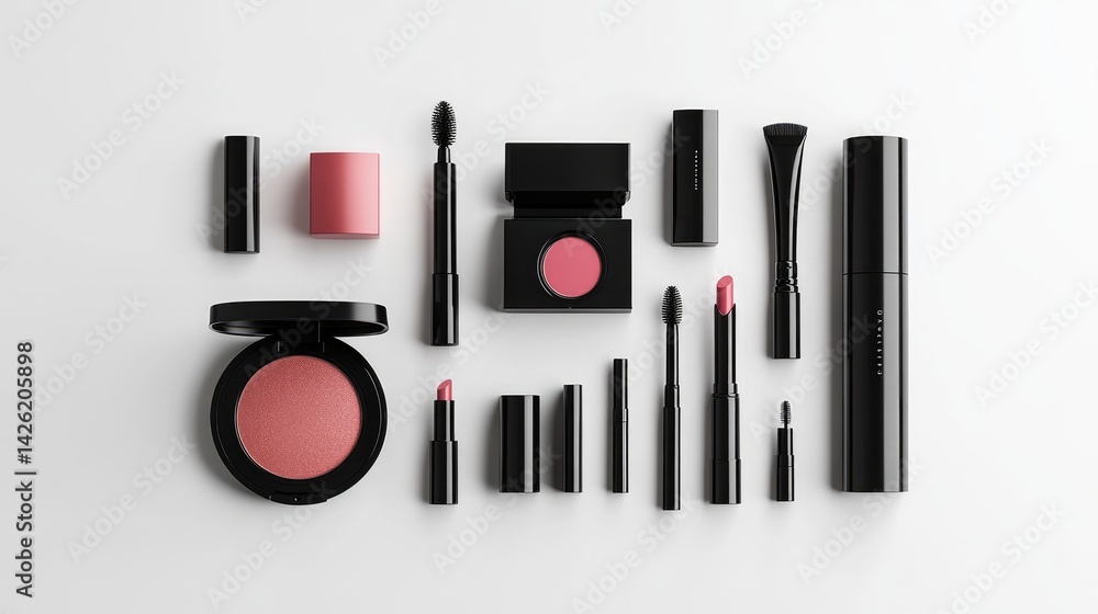 Poster a sleek display of modern cosmetic packaging against a minimalist white background, offering ample n