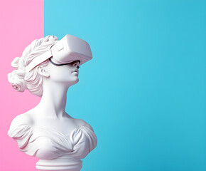 Bust sculpture wearing virtual reality headset. Classical art meets metaverse. Futuristic technology and ancient artwork concept on pink and blue background.