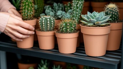 A close-up of a girl's hands arranging pots of cacti on a shelf