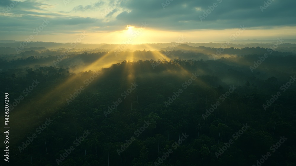 Poster Sunrise casts golden beams through thick mist in a dense forest, creating an enchanting and tranquil atmosphere that invites exploration and reflection
