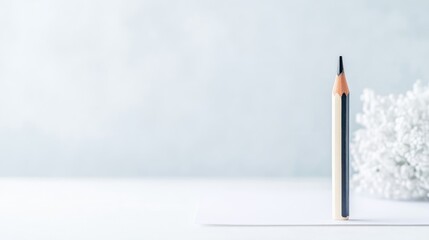 Pencil with coral, minimalist style, sharp focus bright lighting, horizontal wide shot, subtle texture, ready to draw, neutral background, cool muted tones, perfect for stationery ads