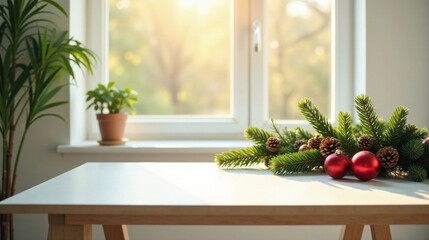 A Festive Arrangement of Evergreen Boughs and Sparkling Ornaments on a Bright White Table by a Sunlit Window
