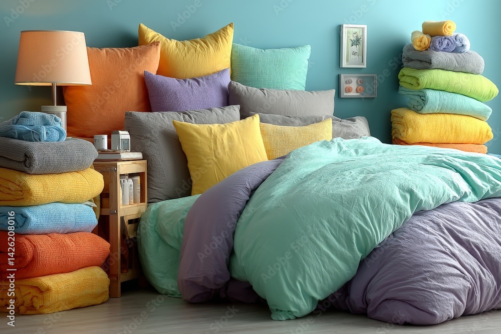 Aufkleber cozy bedroom with colorful pillows and neatly stacked towels for a relaxing atmosphere in a modern i