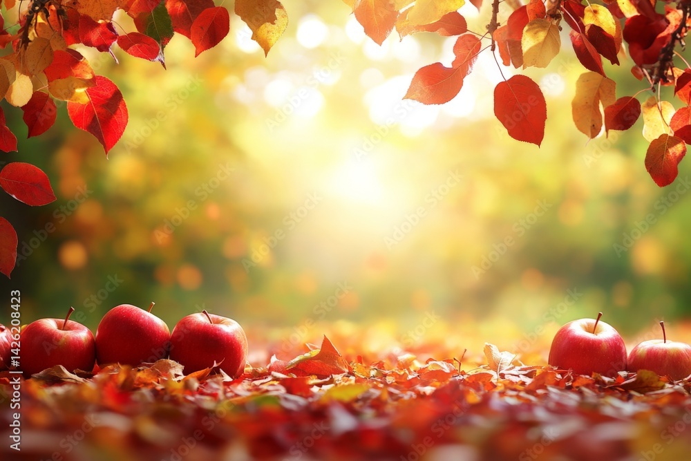 Poster autumn landscape with red apples and colorful fall leaves in a serene park setting during sunset