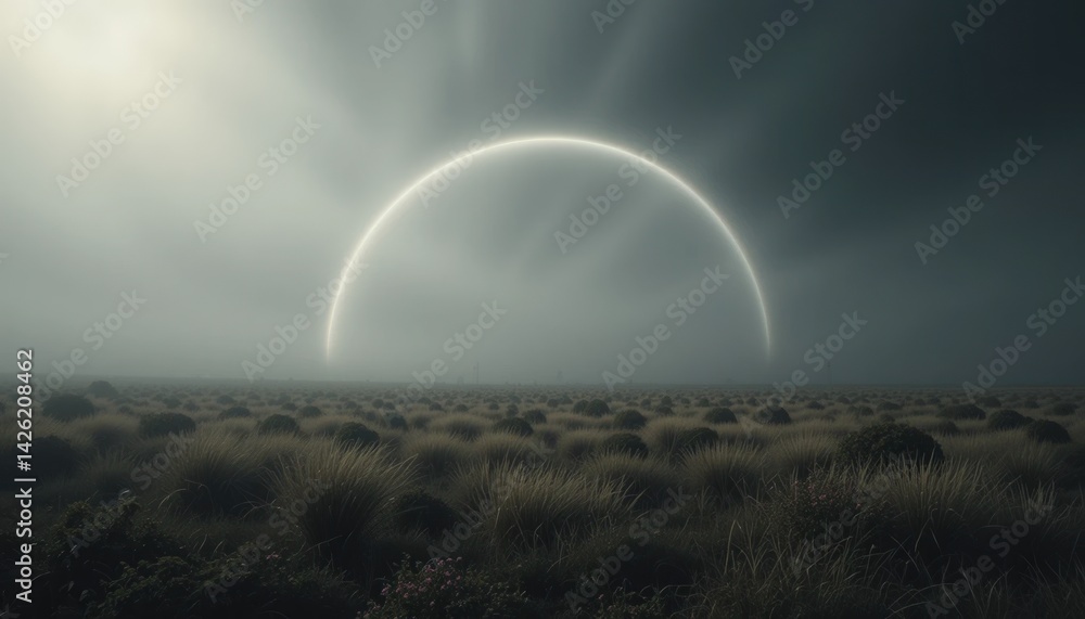 Poster mysterious celestial phenomenon open field digital art ethereal atmosphere wide angle surreal concep