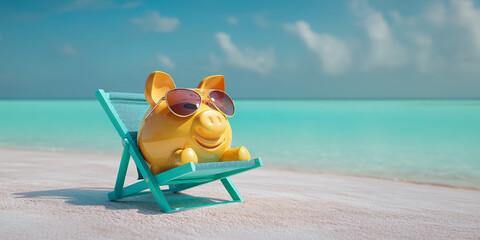 Yellow piggy bank in sunglasses relaxes on a beach chair, symbolizing saving for vacation or financial freedom.  Tropical beach background