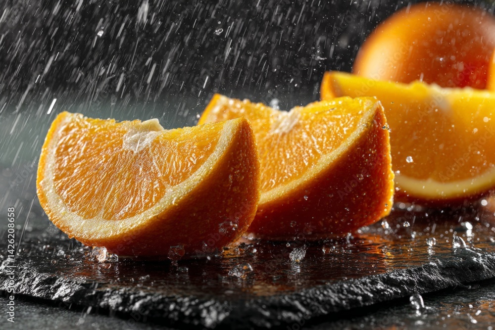 Poster fresh orange slices under a refreshing rain with droplets glistening on a dark surface during a vibr