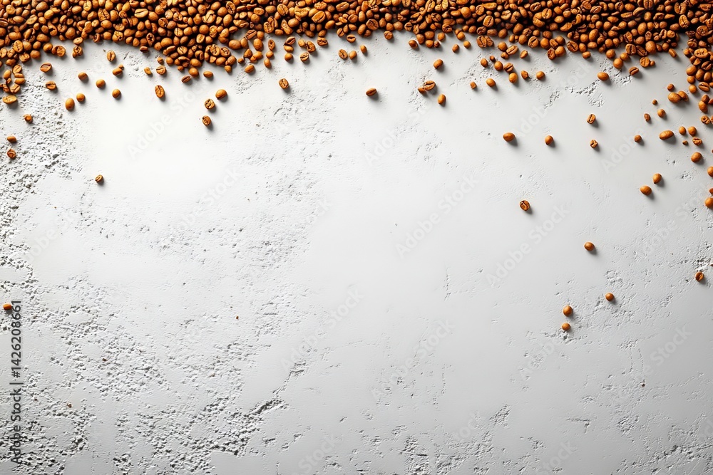 Poster coffee beans scattered across a textured surface create a visually appealing arrangement for a morni