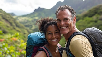 Happy Hiking Couple Smiling Outdoors Mountain Landscape Adventure Travel Backpacks Nature Scenic View Smiling Faces Joyful Expressions Active Lifestyle Healthy Couple Goals Summer Vacation Tropical   